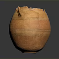 Ancient Orange Clay Sculpture Featuring Broken Rim Handles and Striped Decoration on Dark Background