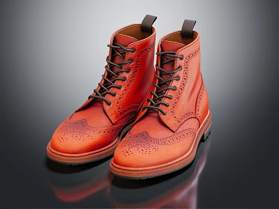 Stylish Orange Leather Brogue Boots With Black Laces And Intricate Patterns 3d model