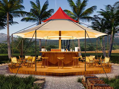 Red Top White Tent With Outdoor Bar And Palm Trees In Natural Setting 3d model