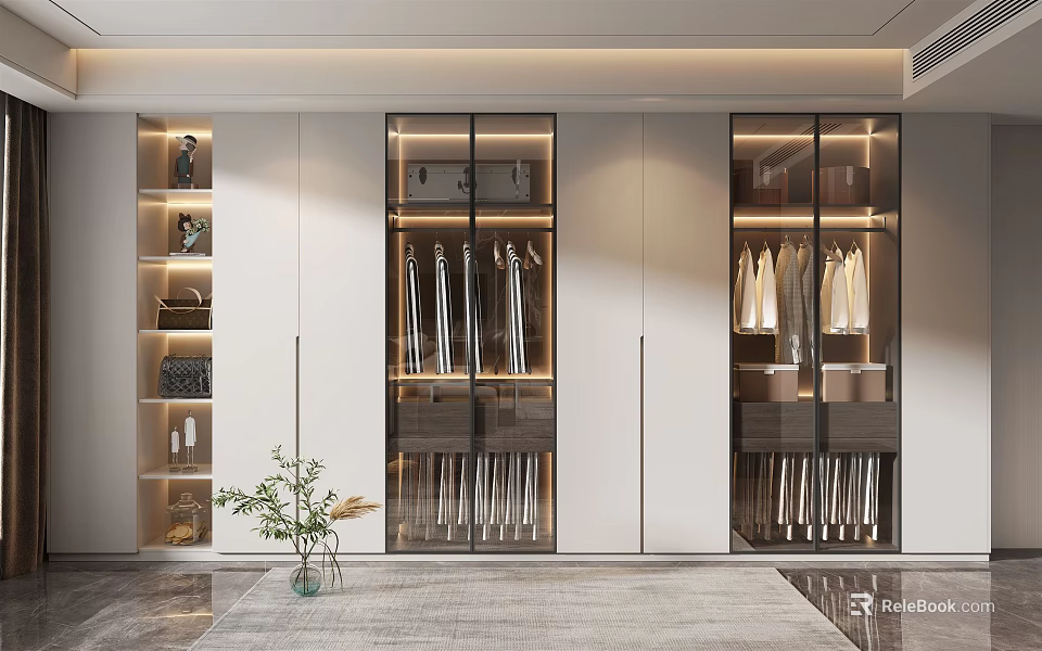Modern Wardrobe Interior Design With Glass Doors And Hanging Clothes Storage 3d model 