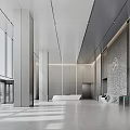 Modern Lobby Front Desk Reception Area With Marble Wall Green Plant And Glass Doors