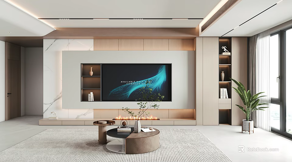 Elegant Modern TV Background Wall Design With Marble Wooden Panels Ambient Lighting And Display Shelves 3d model 