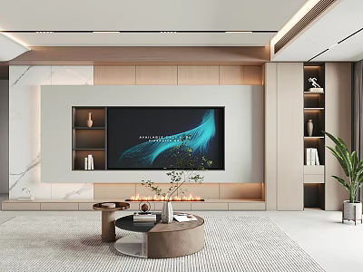 Elegant Modern TV Background Wall Design With Marble Wooden Panels Ambient Lighting And Display Shelves 3d model