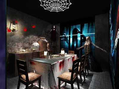 Spooky Horror Room Interior With Spider Web Blood Stains Dining Table And Scary Figures 3d model