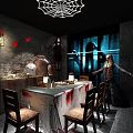 Spooky Horror Room Interior With Spider Web Blood Stains Dining Table And Scary Figures