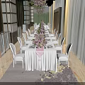 Elegant Banquet Hall Decoration With Long Dining Table White Chairs And Pink Floral Arrangements