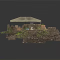 Rustic Stone Structure With Tent Foliage Wooden Crates And Bricks 3d model