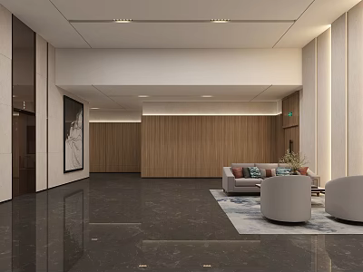 Modern Elevator Hallway Design With Wooden Walls Sofa Round Armchairs And Polished Floor 3d model