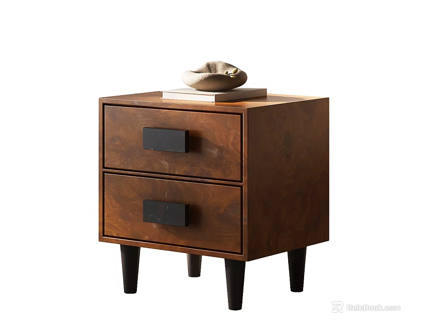 Wooden Bedside Table with Two Drawers Black Handles and Decorative Bowl on Top 3d model 