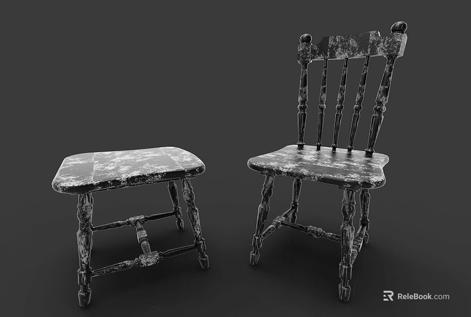 Vintage Wooden Leisure Chair With Carved Backrest And Matching Small Stool 3d model 