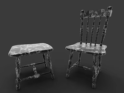 Vintage Wooden Leisure Chair With Carved Backrest And Matching Small Stool 3d model