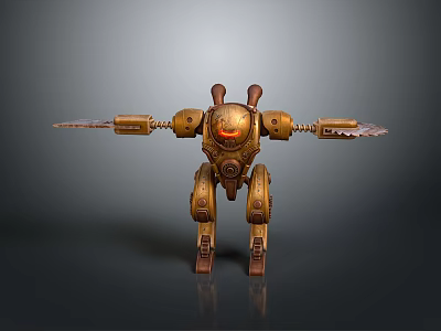 Mechanical Robot Character And Insect Creature With Golden Armor Glowing Eyes And Mechanical Arms 3d model