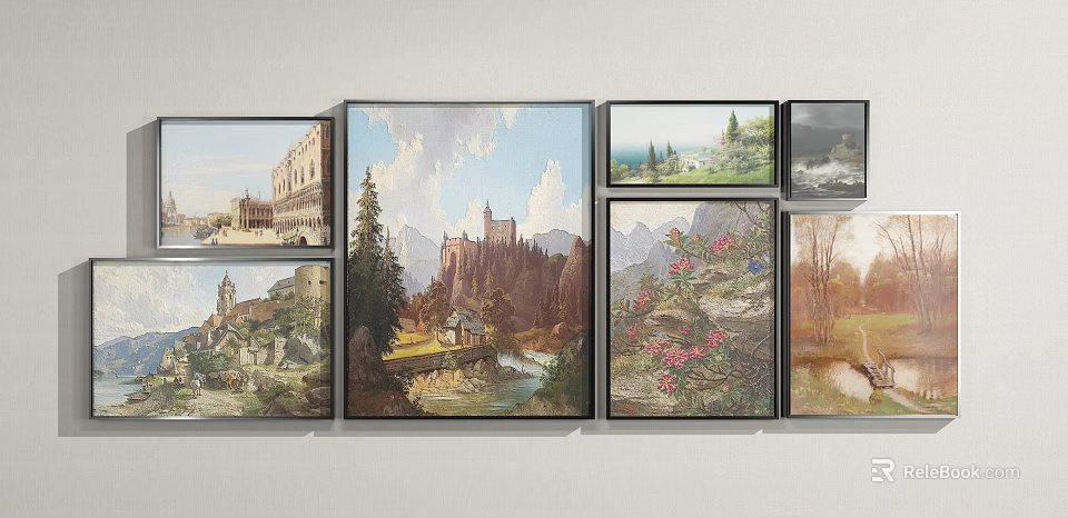 Framed Landscape Paintings with Castle Mountains River Trees and Flowers on Wall 3d model 