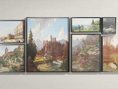 Framed Landscape Paintings with Castle Mountains River Trees and Flowers on Wall 3d model