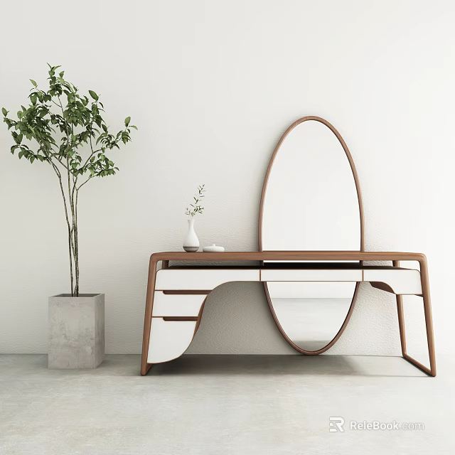 Wooden Dressing Table With Oval Mirror And Green Plant In Gray Planter Against White Wall 3d model 