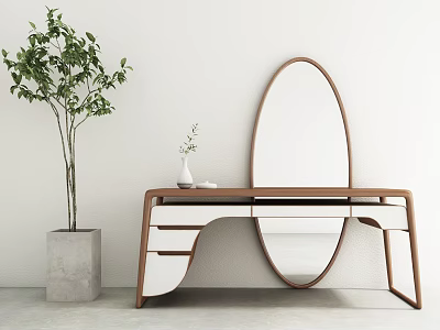 Wooden Dressing Table With Oval Mirror And Green Plant In Gray Planter Against White Wall 3d model