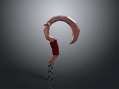 Rusty Animal Shaped Hook With Red Rope And Metal Chain 3d model