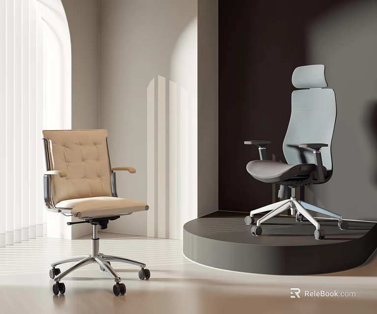 Modern Office Chairs in Beige and Grey Featuring High Back and Armrest Design 3d model 