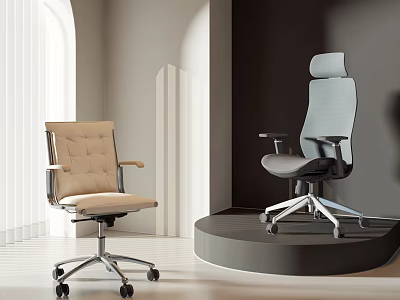 Modern Office Chairs in Beige and Grey Featuring High Back and Armrest Design 3d model