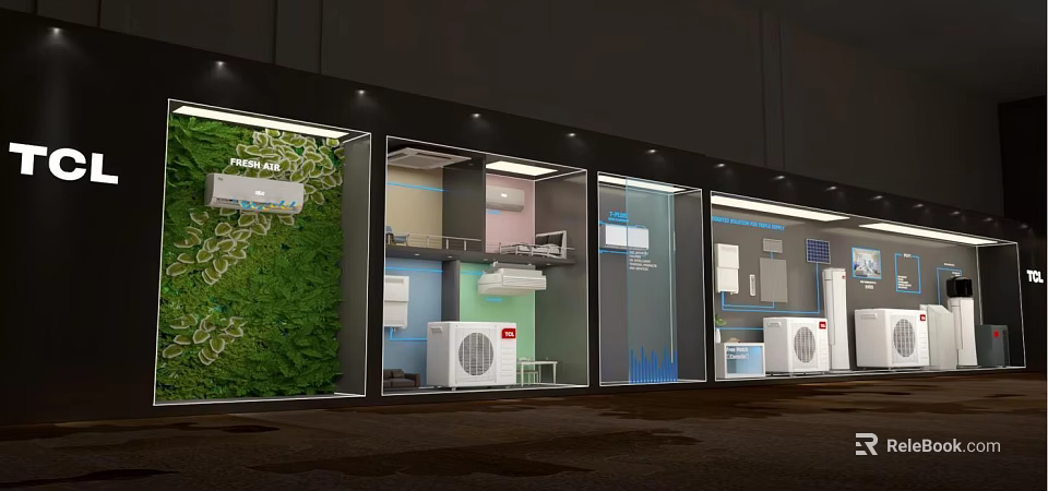 Modern Showroom Display With Green Plant Wall And Air Conditioner Units 3d model 