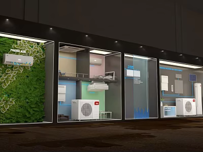 Modern Showroom Display With Green Plant Wall And Air Conditioner Units 3d model
