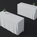 Two White Tablecloth Covered Reception Desks With Small Green Potted Plants 3d model