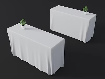 Two White Tablecloth Covered Reception Desks With Small Green Potted Plants 3d model