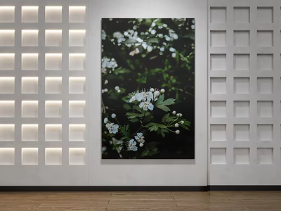 Botanical Painting Hanging On Decorative Wall With White Flowers And Green Leaves 3d model