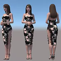 Elegant Woman Wearing Black Floral Dress with Slit Design and High Heels
