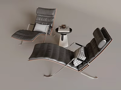 Modern Black Leather Lounge Chairs With Wooden Accents Plaid Cushions And Side Table 3d model