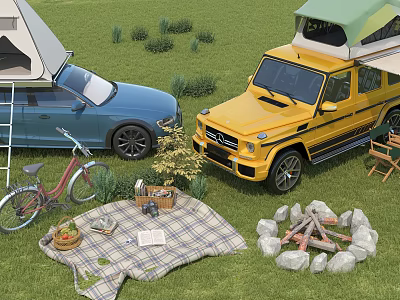 Scenic Campsite With Roof Tent Equipped SUV Picnic Blanket Firewood Stone Circle And Bicycle 3d model