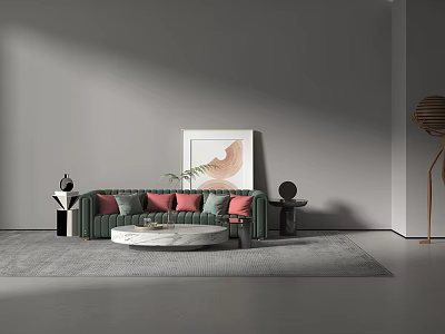 Modern Green Sofa and Marble Coffee Table Set with Red Green Cushions and Gray Rug 3d model