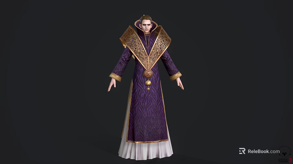 Elegant Game Film Character in Purple Robe with Golden Ornaments White Hem and Intricate Patterns 3d model 