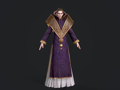 Elegant Game Film Character in Purple Robe with Golden Ornaments White Hem and Intricate Patterns 3d model