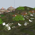 Scenic Camping Site with Tents Picnic Tables Chairs Trees and Sunset Hills