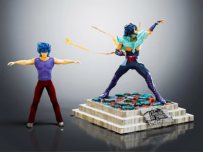 Two Blue Haired Characters In Action Poses With Purple Top Red Pants And Statue Base 3d model
