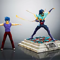 Two Blue Haired Characters In Action Poses With Purple Top Red Pants And Statue Base