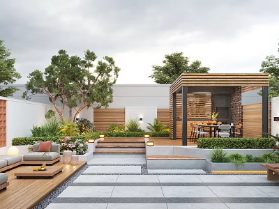 Modern Garden Design With Wooden Pavilion Stone Pathways Sofa Seating Lush Greenery And Stepped Area 3d model