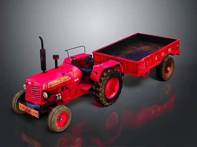 Red Tractor With Open Trailer And Large Wheels On Reflective Surface 3d model