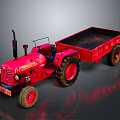 Red Tractor With Open Trailer And Large Wheels On Reflective Surface 3d model