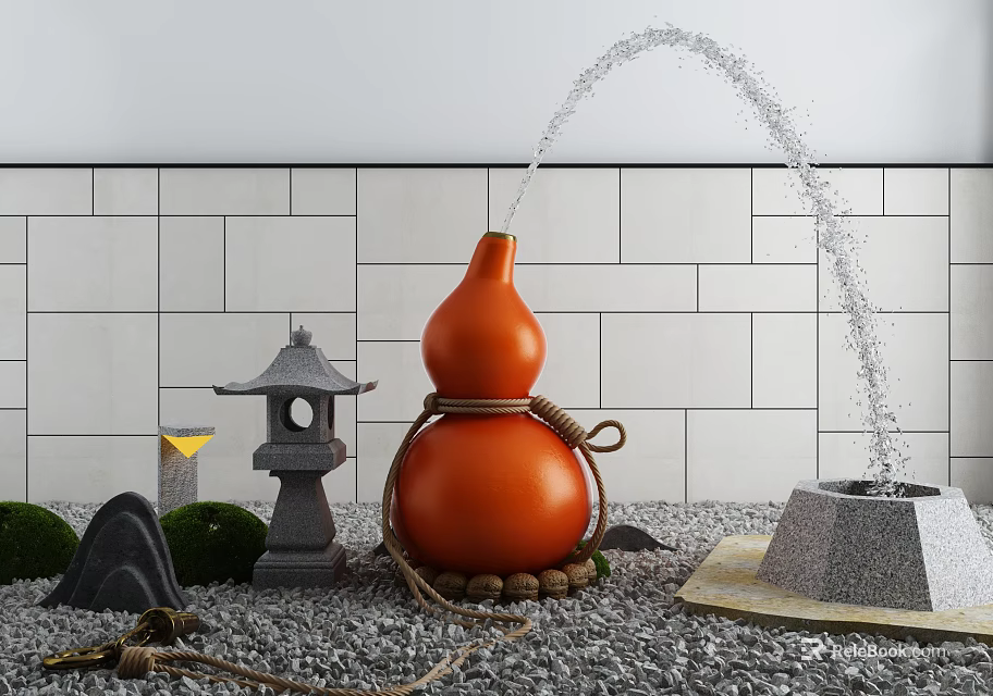 Garden Ornament Featuring Orange Gourd Shaped Fountain Water Spraying Stone Lantern And Green Plants 3d model 