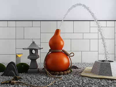 Garden Ornament Featuring Orange Gourd Shaped Fountain Water Spraying Stone Lantern And Green Plants 3d model
