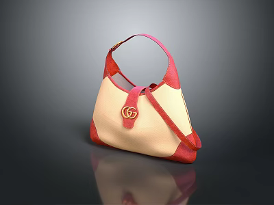 Stylish Beige And Red Handbag With Golden Double G Logo Design 3d model