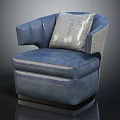 Modern Blue Accent Chair With Gray Pillow Leather Upholstery And Curved Backrest