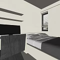 Tatami Bedroom Interior with Desk Shelves LED Lights Near Window Blinds Modern Minimalist Design