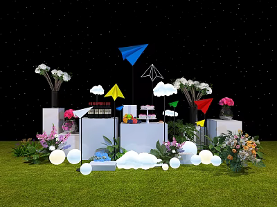 Colorful Paper Planes Cloud Decorations And Flowers On Grass With Starry Background 3d model