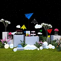 Colorful Paper Planes Cloud Decorations And Flowers On Grass With Starry Background
