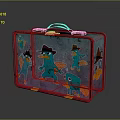 Metallic Tin Suitcase with Red Handle Featuring Cartoon Blue Duck Cowboy Hat and Animal Designs