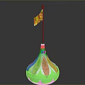 Colorful Sculpture Carving With Green Yellow Pink Red Base And Black Pole Red Yellow Flag