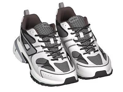 White Mesh Lace Up Sneakers with Gray Black Panels and Chunky Sole Design 3d model